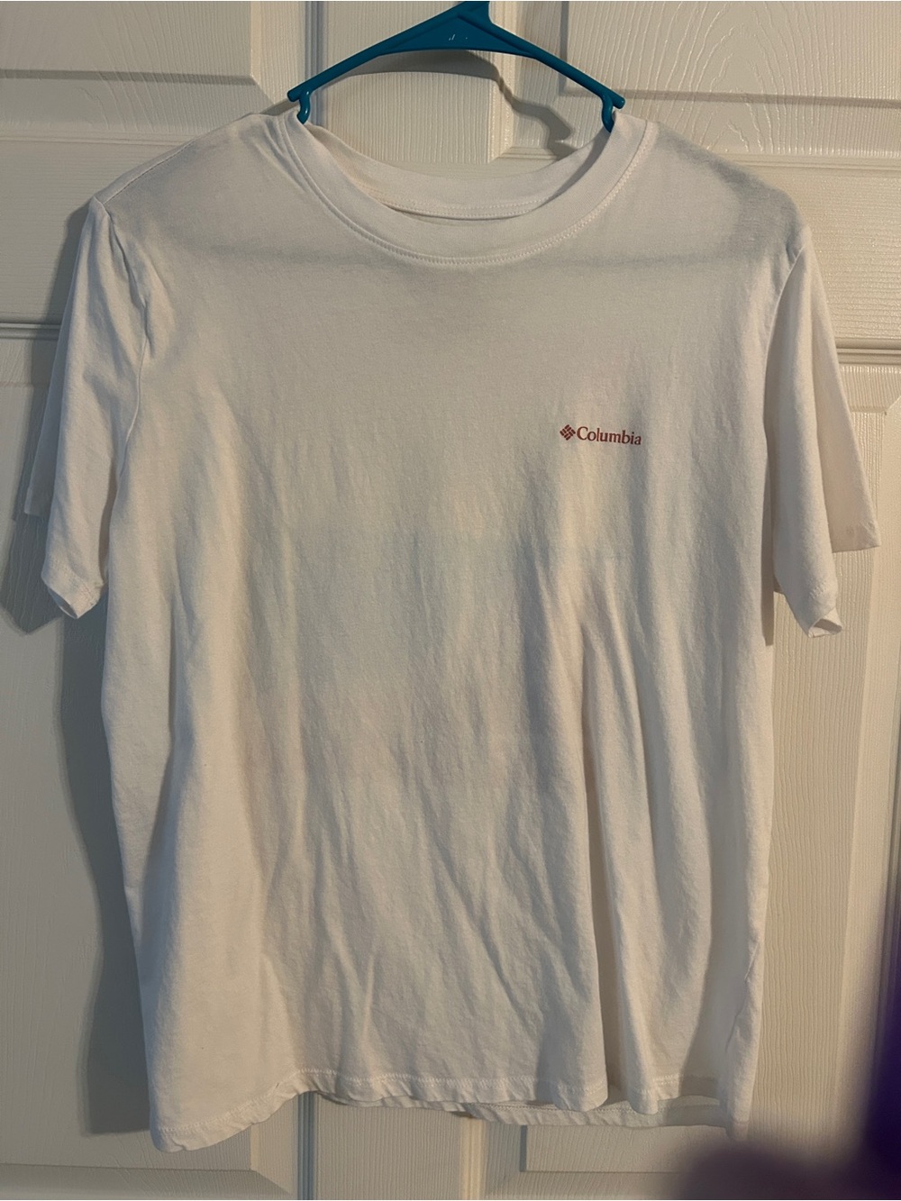 Columbia White Short-Sleeve Tee with Small Red/Pink Logo